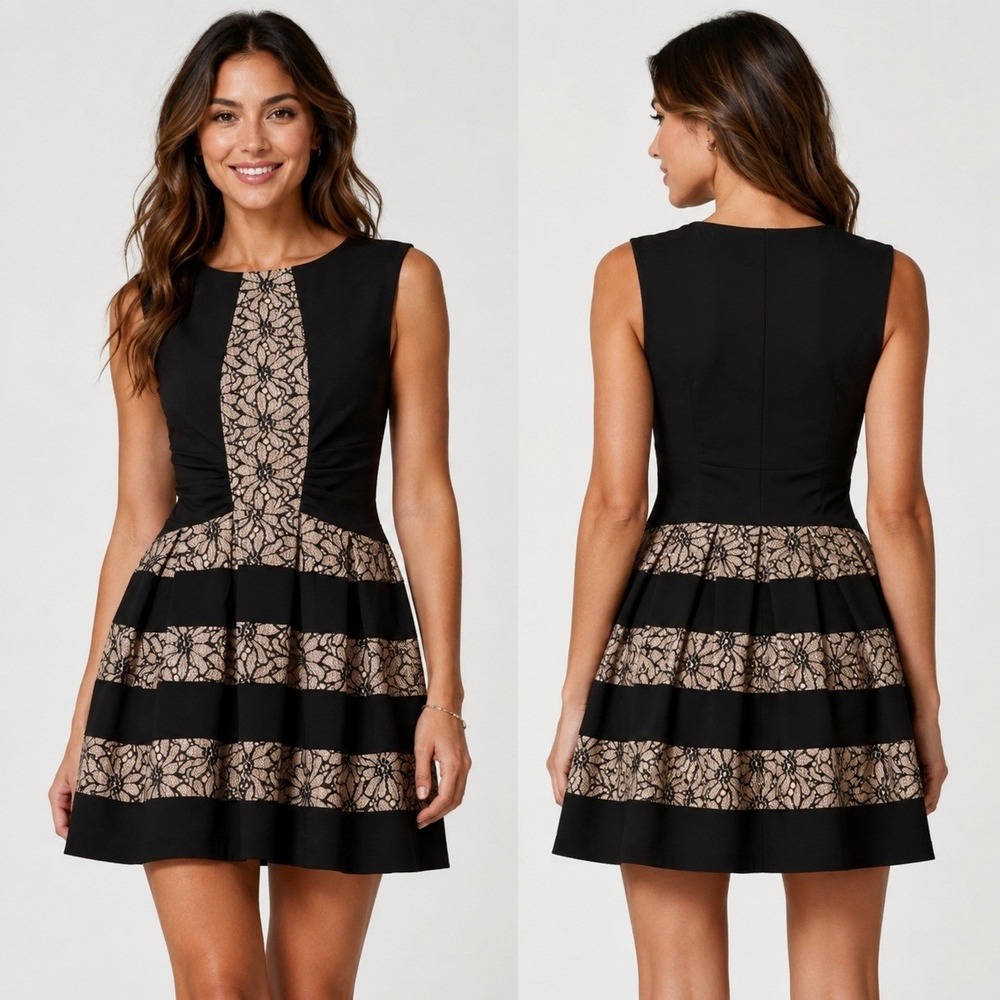 Eva Franco Dress 8 Black Tan Floral Lace Fit Flare Cocktail Party Whimsigoth